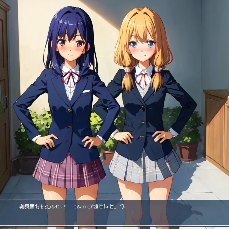 , masterpiece, Highest Quality, Highest Resolution, perfect background, perfect perspective, sharp image, perfect details, perfect lighting, perfect shadows, Perfect lighting, Best background, Visual Novel, dialogue box, text, game, user interface, anime style, 2girls, facing viewer, hand on hip, skirt, blushing,