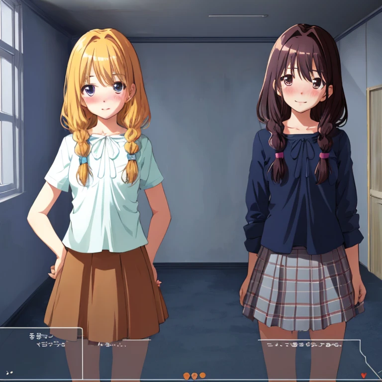 , masterpiece, Highest Quality, Highest Resolution, perfect background, perfect perspective, sharp image, perfect details, perfect lighting, perfect shadows, Perfect lighting, Best background, Visual Novel, dialogue box, text, game, user interface, anime style, 2girls, facing viewer, hand on hip, skirt, blushing,