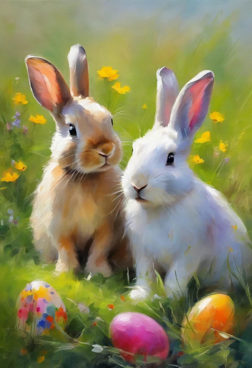 2 cute bunnies inside on a grassy field with colorful easter eggs and wild flowers in an easter art holiday atmosphere, watercolor art, masterpiece, soft bright colors, soft light, easter holiday decor, 8K, detailed, highest quality artwork, impresionist, oil paint