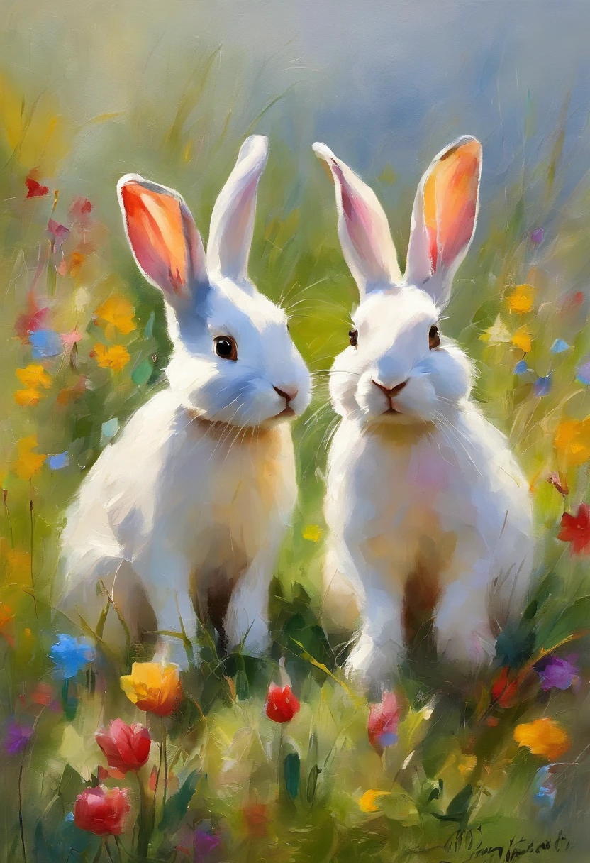 2 cute bunnies inside on a grassy field with colorful easter eggs and wild flowers in an easter art holiday atmosphere, watercolor art, masterpiece, soft bright colors, soft light, easter holiday decor, 8K, detailed, highest quality artwork, impresionist, oil paint