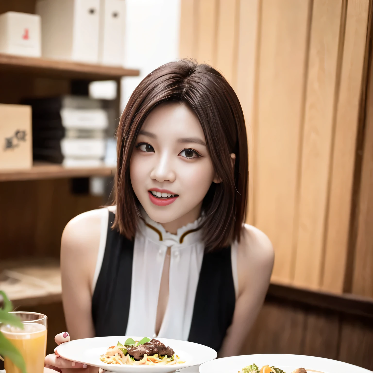 There is a woman sitting at the table，Holding a plate of food in his hand, Lin Jiaxin, Jiama Chan, louise zhang, joy, yun ling, wenfei ye, open&#39;&#39;s grandmother, Lin Xinxin, Renze, in hong kong, lulu chen, Shot with Sony a7r camera, qifeng lin, mei-ling zhou, kamwei fong