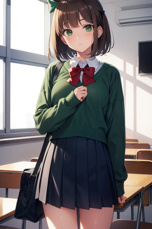 harukaamami, haruka amami, brown hair, (green eyes:1.5), short hair, (hair bow:1.5), hair ribbon, bangs, blunt bangs, (small breast:1.2),
BREAK bag, bow, , serafuku, skirt, sweater, long sleeves, red bow, blue skirt, grey sweater,
BREAK looking at viewer,
BREAK indoors, classroom,
BREAK (masterpiece:1.2), best quality, high resolution, unity 8k wallpaper, (illustration:0.8), (beautiful detailed eyes:1.6), extremely detailed face, perfect lighting, extremely detailed CG, (perfect hands, perfect anatomy),