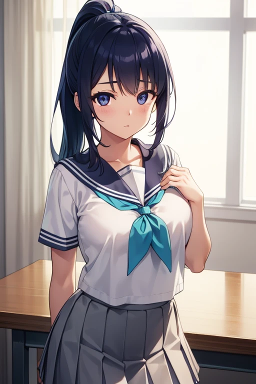 kananmatsuura, kanan matsuura, blue hair, long hair, ponytail, (purple eyes:1.1), sidelocks, (medium breast:1.2),
BREAK aqua neckerchief, grey sailor collar, grey skirt, miniskirt, neckerchief, pleated skirt, sailor collar, sailor shirt, , serafuku, shirt, skirt, summer uniform, uranohoshi , white shirt,
BREAK looking at viewer,
BREAK indoors, classroom,
BREAK (masterpiece:1.2), best quality, high resolution, unity 8k wallpaper, (illustration:0.8), (beautiful detailed eyes:1.6), extremely detailed face, perfect lighting, extremely detailed CG, (perfect hands, perfect anatomy),