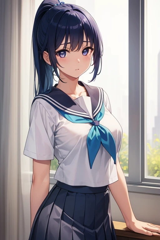 Beautiful illustration、top-quality、Cute little girl s、Bedroom、A blue-haired、length hair、(((blue pleated skirt)))、(((blue sailor suit)))、shortsleeves、Colossal tits、a navel、Flipping up the skirt with your hands、Show white panties、Pull up your skirt and show your panties、bare-legged、red eyess、on the beds、lovely thighs、glowing thigh、floating hair、wind、skirt lift by myself、naughty face、hand between legs