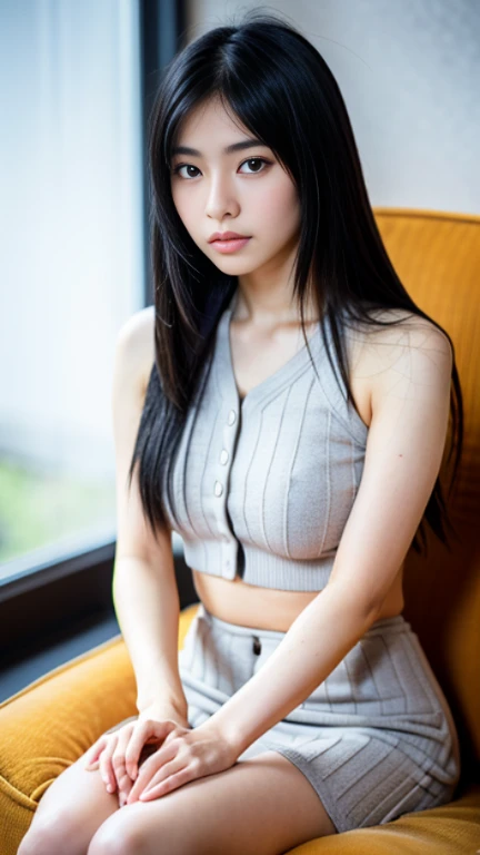 an 18-year-old Japanese girl (scale 1.5), 80mm, a beautiful Japanese girl with black hair. ((Full body)), Ultra-realistic capture, Highly detailed, high resolution 16k closeup of human skin. Skin texture must be natural, With enough detail to finely identify pores. 
Skin should look healthy, In a uniform tone. Use natural light and color, Black striated hair, Black long hair, 
((Full body)), sofa, From above, UHD, retinas, masterpiece, accurate, Anatomically correct, Super Detail, Textured skin, high details, High quality, Best Quality, high resolution, 1080p, HD, 4K, 8K
