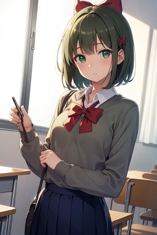 harukaamami, haruka amami, brown hair, (green eyes:1.5), short hair, (hair bow:1.5), hair ribbon, bangs, blunt bangs, (small breast:1.2),
BREAK bag, bow, , serafuku, skirt, sweater, long sleeves, red bow, blue skirt, grey sweater,
BREAK looking at viewer,
BREAK indoors, classroom,
BREAK (masterpiece:1.2), best quality, high resolution, unity 8k wallpaper, (illustration:0.8), (beautiful detailed eyes:1.6), extremely detailed face, perfect lighting, extremely detailed CG, (perfect hands, perfect anatomy),