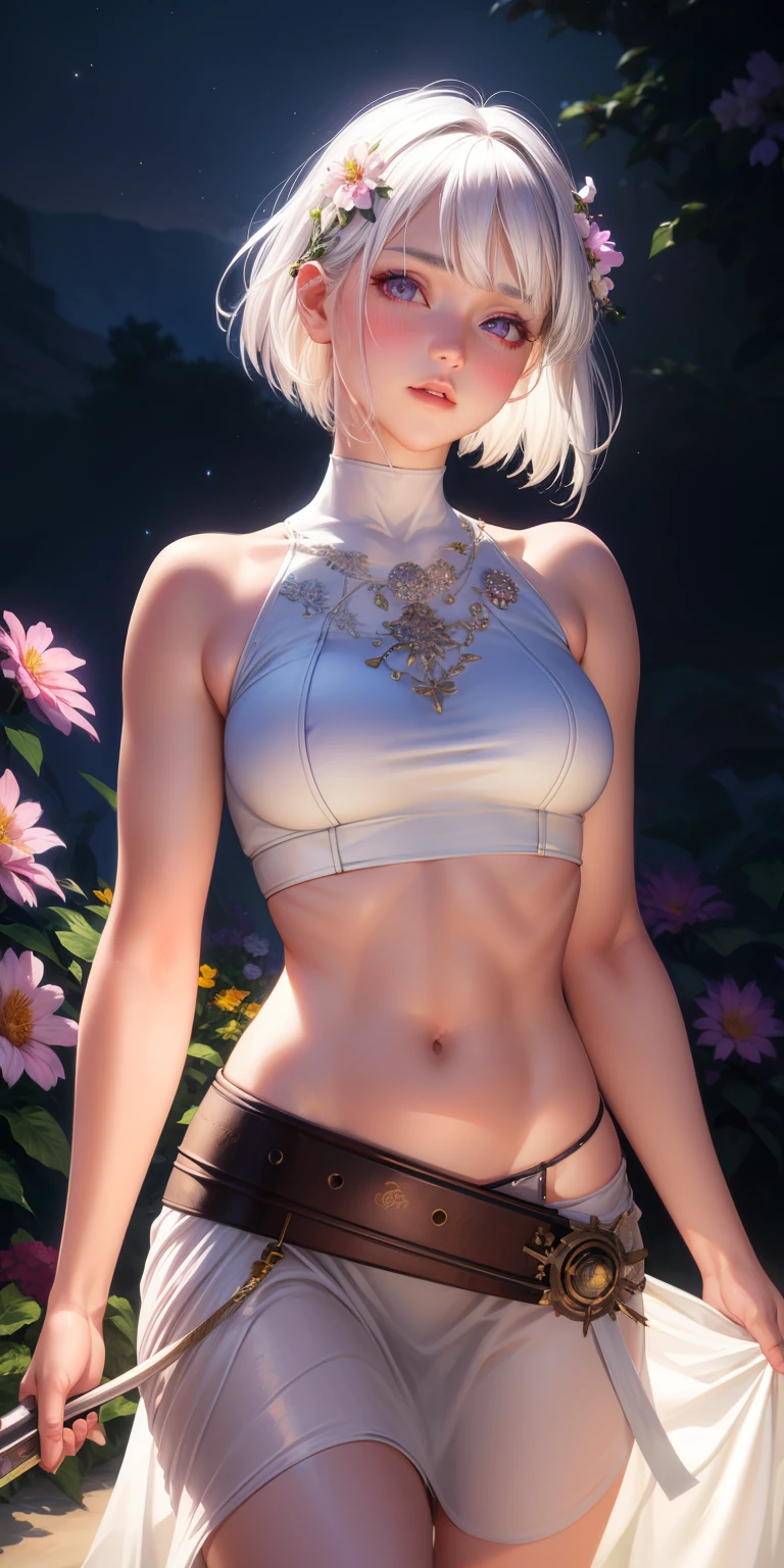 realistic, 1girl, white hair, purple eyes, glowing eyes, crop top, skirt, parted lips, blush, night, flowers, sun, sunlight,nude