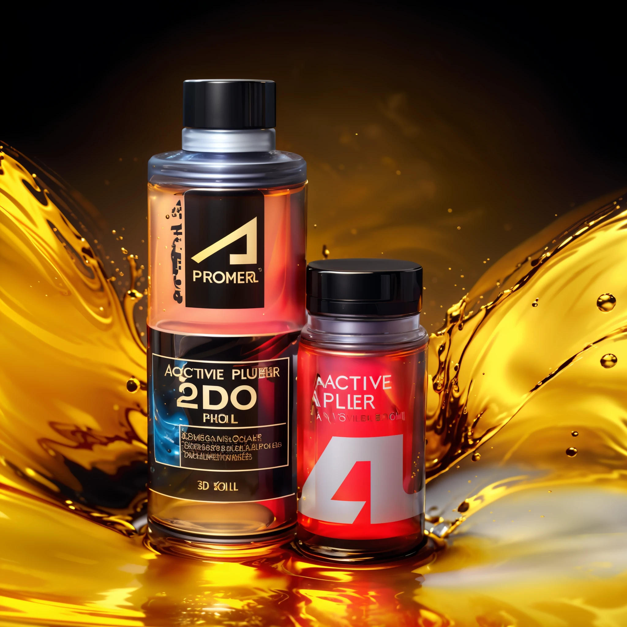 there are two bottles of active plus and a bottle of gold, commercial product photography, product render, 3 d product render, product photography 4 k, oil inks, golden ooil spash after botles impacted oil surface, productphoto, full image, professional product shot, official product photo, detailed product photo, dramatic product photography, active, product photography, high quality product image”, 3d high octane render, abstraction chemicals