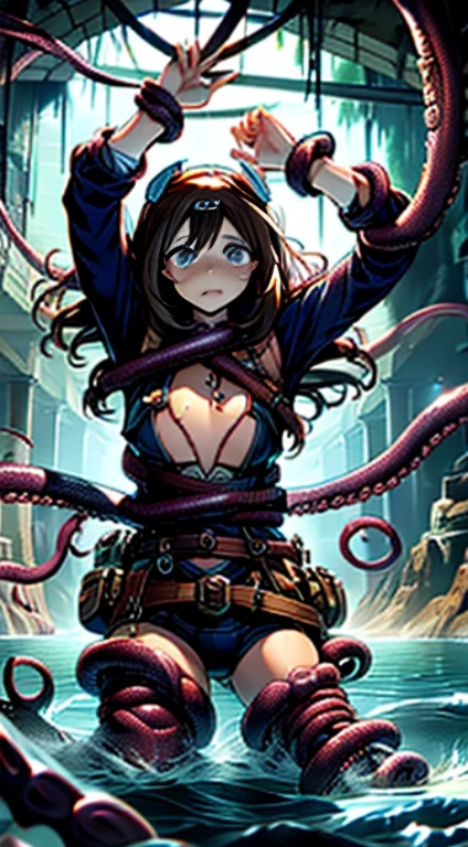 (masterpiece)), ((best quality)), (ultra-detailed), nsfw, (on the boat),((many tentacles bound body)),(((tentacles strongly bound waist))),a cute girl, 1girl, solo, (girly onepiece dress),(both wrists tied above the head ), ((thin waist)),large breast, slim, slender, bdsm,beautiful pinkbrown hair, beautiful blue eyes, (beautiful eyes), long hair,troubled expressio