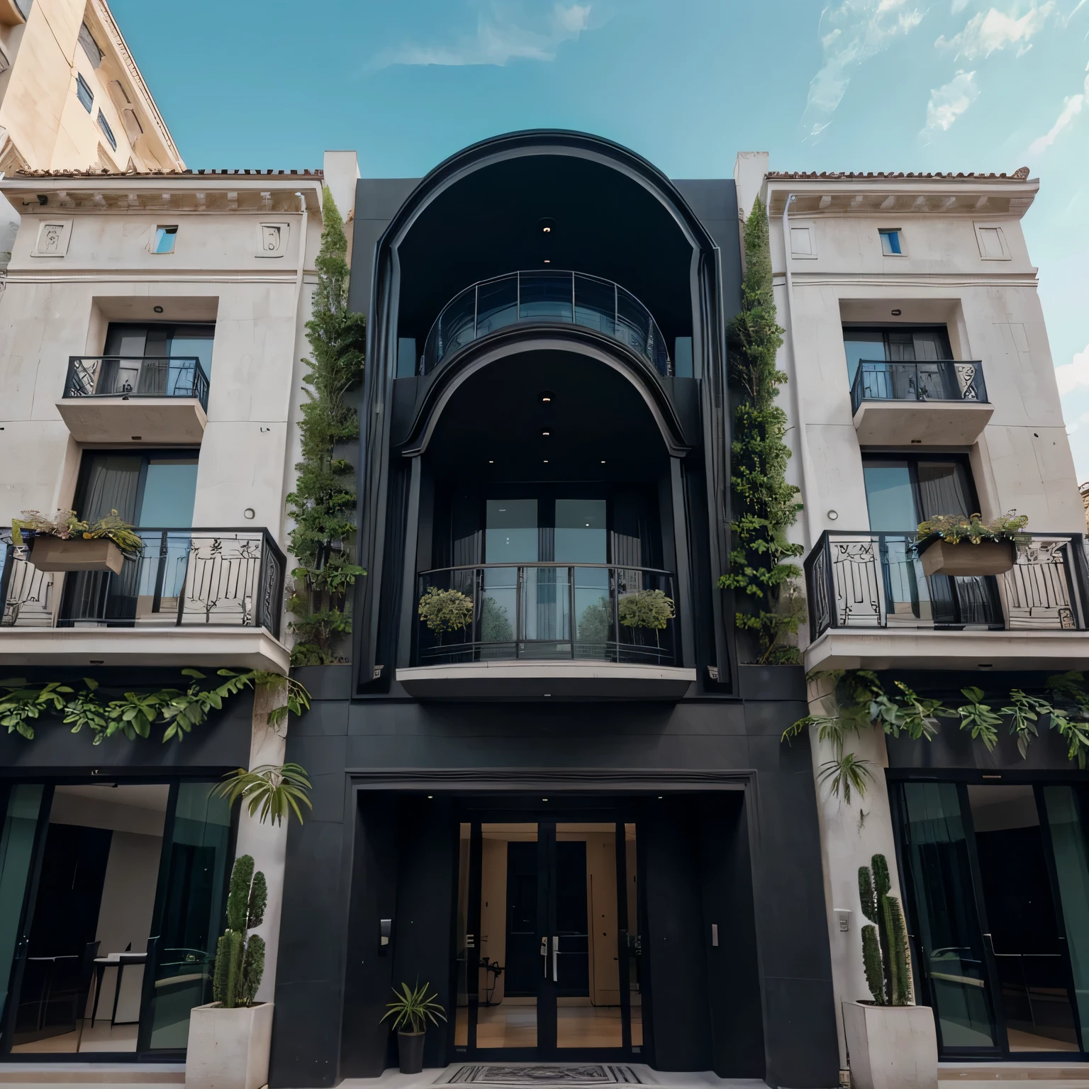 imagem frontal,plano ,ultra realistic and super modern building facade with balcony and many plants with black marble details 