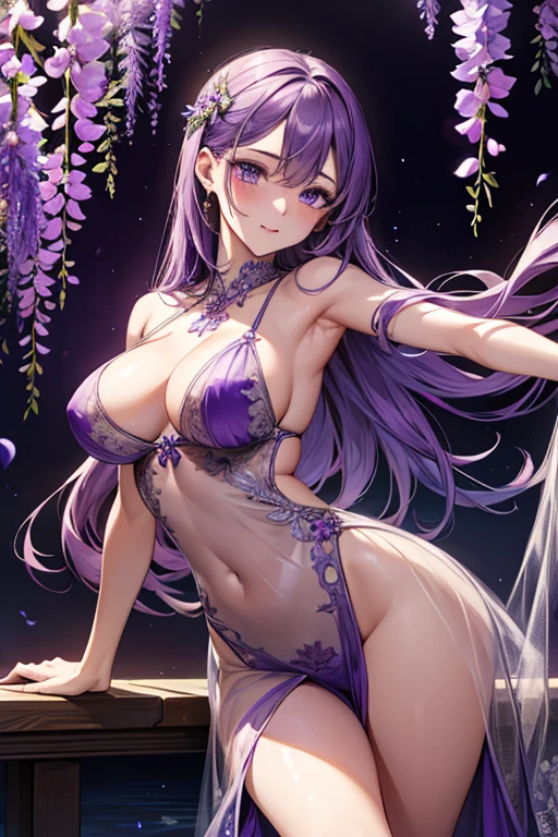 {{{{masterpiece}}}}, {{{super detailed}}}, {{{High resolution}}}, {{excellent anatomy}}, (((highest quality))), ((very delicate and beautiful)), {{very detailed and delicate}}, {8k cg wallpaper},((detailed background))One female、best style、beautiful woman、The most beautiful woman in the world、Purple flowers are blooming on the purple lake surface, soft purple glow, Purple light, (purple wisteria forest), wisteria season, art, shining purple, Purple petals are dancing everywhere、 The blossoming path to heaven, purple glow、Purple water、purple reflective water surface、purple light、(Sexy sheer dress:1.5),((big breasts))、show through、waterside and wisteria、Detailed design、beautiful design、sexy pose、Sheer skin、shape of nipple