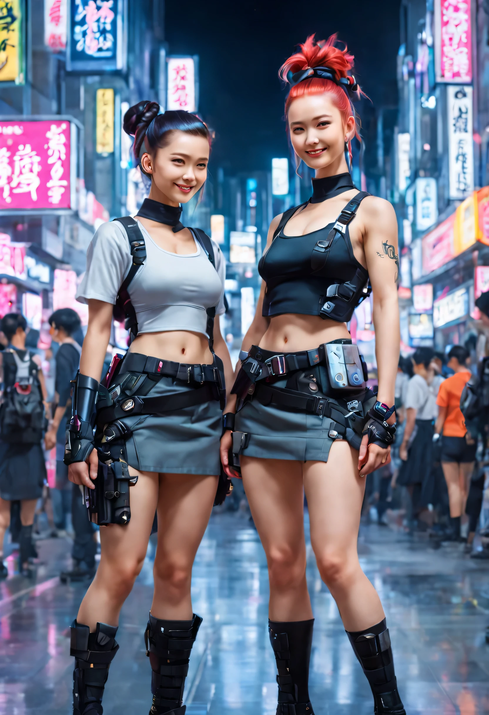 masterpiece, best quality, ((smiling)) cyberpunk girls standing, having grey and grey uniform and black long skirt, Harajuku-inspired cyberpunk body harness, bold colors and patterns, eye-catching accessories, trendy and innovative hairstyle with baroque influence, dazzling Cyberpunk cityscape, skyscrapers, glowing neon signs, LED lights, anime illustration, detailed skin texture, detailed cloth texture, beautiful detailed face, intricate details, ultra detailed, cinematic lighting, strong contrast.