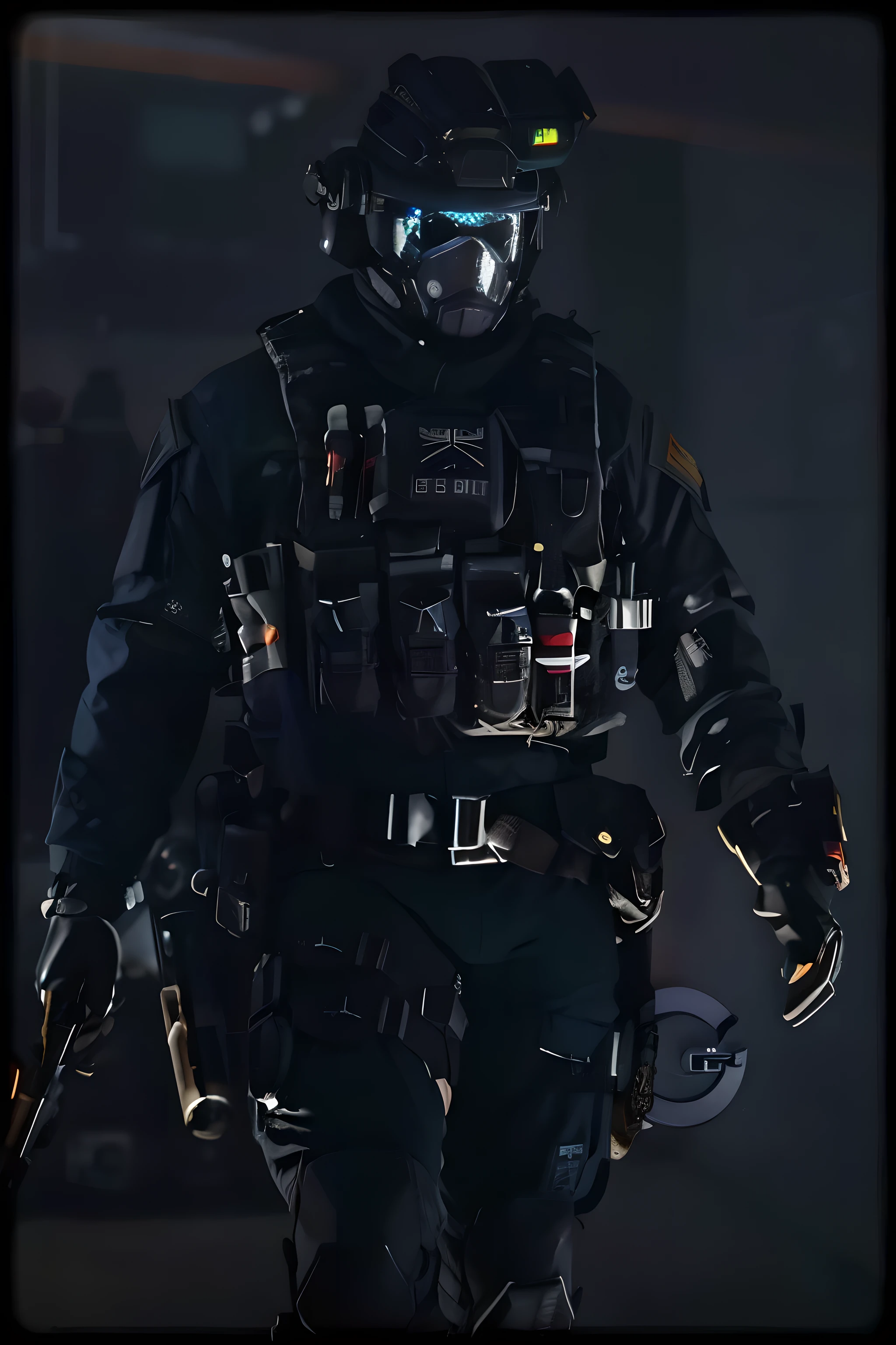 um homem de uniforme preto com uma arma e um capacete, in a dark space mercenary outfit, futuro equipamento de combate, uniforme completo, intimidante armadura de corpo inteiro, soldado cyberpunk, traje furtivo, french special ops, foto de corpo inteiro hiper detalhada