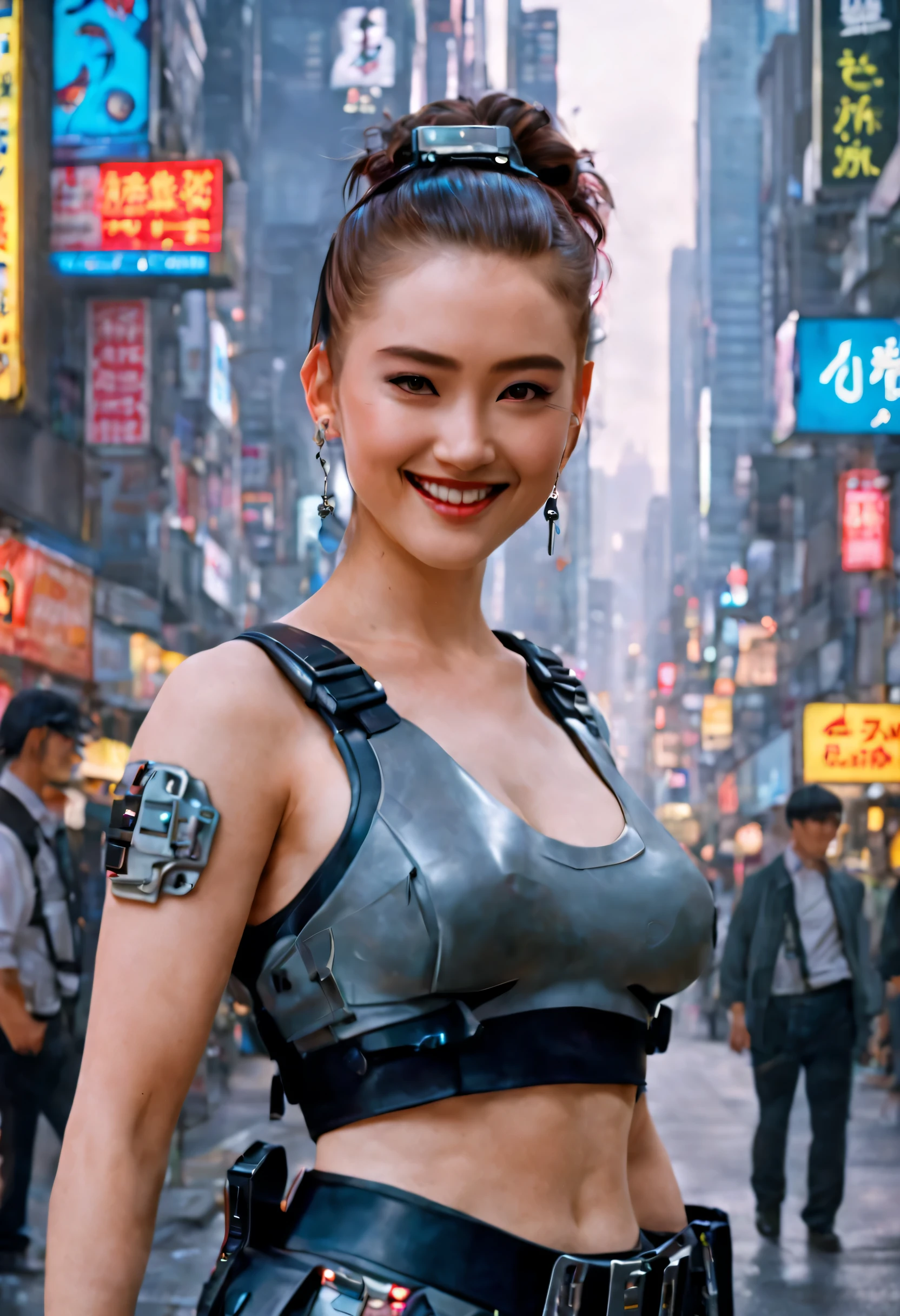 masterpiece, best quality, ((smiling)) cyberpunk girls standing, having grey and grey uniform and black long skirt, Harajuku-inspired cyberpunk body harness, bold colors and patterns, eye-catching accessories, trendy and innovative hairstyle with baroque influence, dazzling Cyberpunk cityscape, skyscrapers, glowing neon signs, LED lights, anime illustration, detailed skin texture, detailed cloth texture, beautiful detailed face, intricate details, ultra detailed, cinematic lighting, strong contrast.