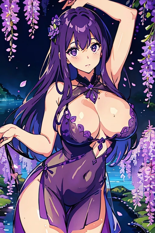 {{{{masterpiece}}}}, {{{super detailed}}}, {{{High resolution}}}, {{excellent anatomy}}, (((highest quality))), ((very delicate and beautiful)), {{very detailed and delicate}}, {8k cg wallpaper},((detailed background))One female、best style、beautiful woman、The most beautiful woman in the world、Purple flowers are blooming on the purple lake surface, soft purple glow, Purple light, (purple wisteria forest), wisteria season, art, shining purple, Purple petals are dancing everywhere、 The blossoming path to heaven, purple glow、Purple water、purple reflective water surface、purple light、(Sexy sheer dress:1.5),((big breasts))、show through、waterside and wisteria、Detailed design、beautiful design、sexy pose、Sheer skin、shape of nipple