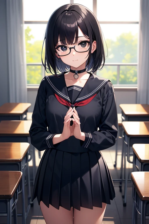 chinatsu, chinatsu, black hair, glasses, mole, (black eyes:1.5), mole under mouth, rimless eyewear, medium hair,
BREAK long sleeves, , serafuku, choker, black choker, skirt, pleated skirt,
BREAK indoors, classroom,
BREAK looking at viewer, (cowboy shot:1.5),
BREAK (masterpiece:1.2), best quality, high resolution, unity 8k wallpaper, (illustration:0.8), (beautiful detailed eyes:1.6), extremely detailed face, perfect lighting, extremely detailed CG, (perfect hands, perfect anatomy),