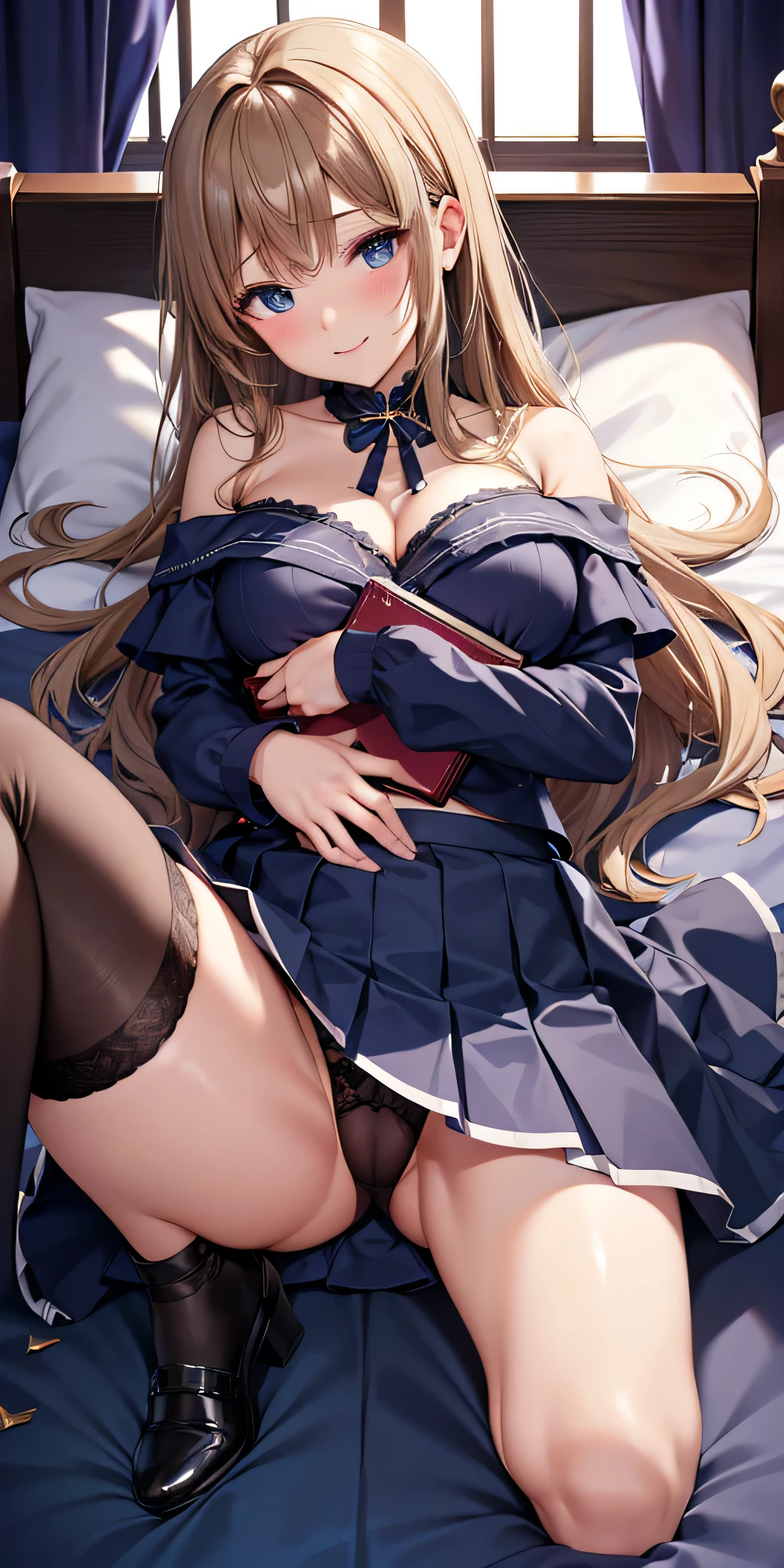 debris flies, highest quality, Highly detailed CG Unity 8K wallpaper, sexy witch , Long length hair、Dark blonde wavy hair、off shoulder knit, dark blue pleated skirt, stockings、medium breasts, saggy breasts, Pose that emphasizes the chest, blush, shy smile, bare shoulders, (((lift up the skirt with both hands、open your legs wide、please open your knees、touch crotch)))、、nice magic book、church bed、lying in bed、、light blue panties、light blue bra