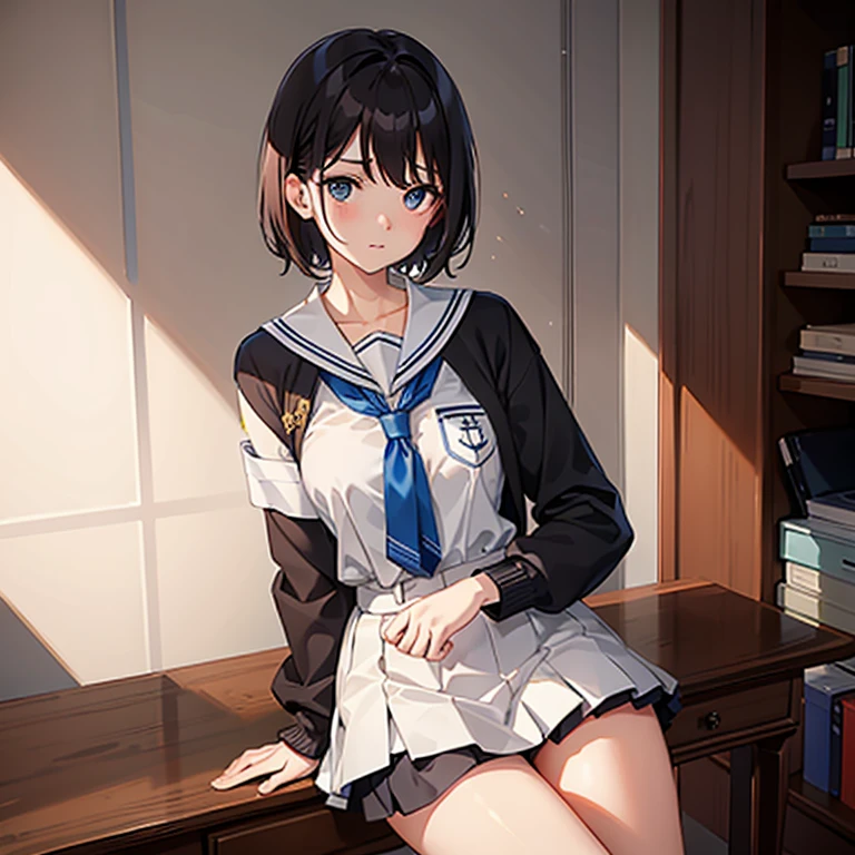 The Masterpiece, best qualiy, brown eyess, Short_hair, Medium_Breast, looking at the viewers, Closed_Mouth, collars_Shirt, School_uniform, shirts, whited_Shirt, , class room, full bodied, , 1girl