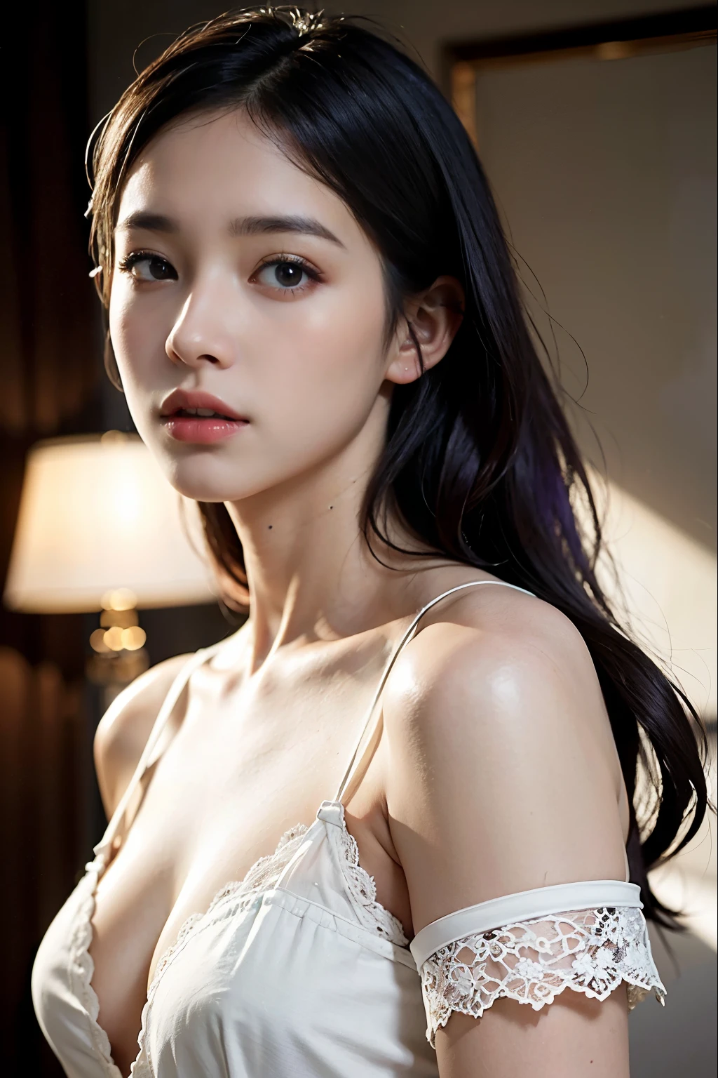highest quality,masterpiece,very detailed,High resolution,4K,ultra High resolution,detailed shadow,ultra realistic,realistic,dramatic lighting,1 girl,alone,detailed face,realistic eyes,realistic skin,white dress,purple hair,dynamic pose, white lace dress
