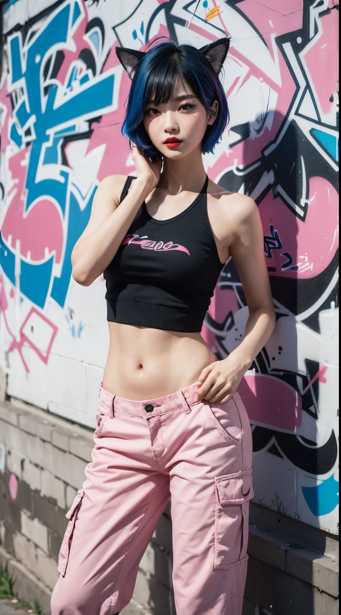 best quality, Clarity, 4k, 8k, detail, actual, Beautiful Girl, Korean makeup, Red lips, pink and blue wolf haircut, Perfect body, thigh, stand, pose standing, medium chest, inner top, black Cargo Box Pants, Solid graffiti wall background, Graffiti art,