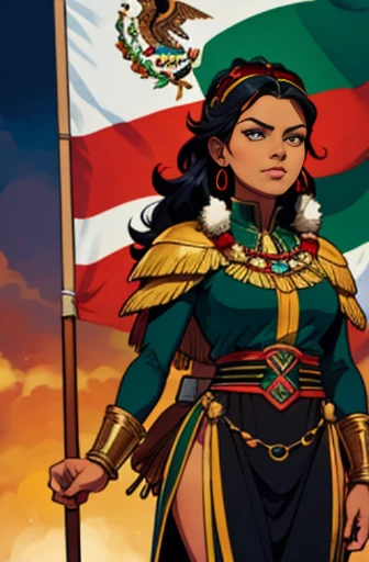 mexican Woman mexican superhero suit europe clothing red white greens clothes Flag of mexico longblack hair brown skin yellow eyes, native mayan tribe ornaments ,