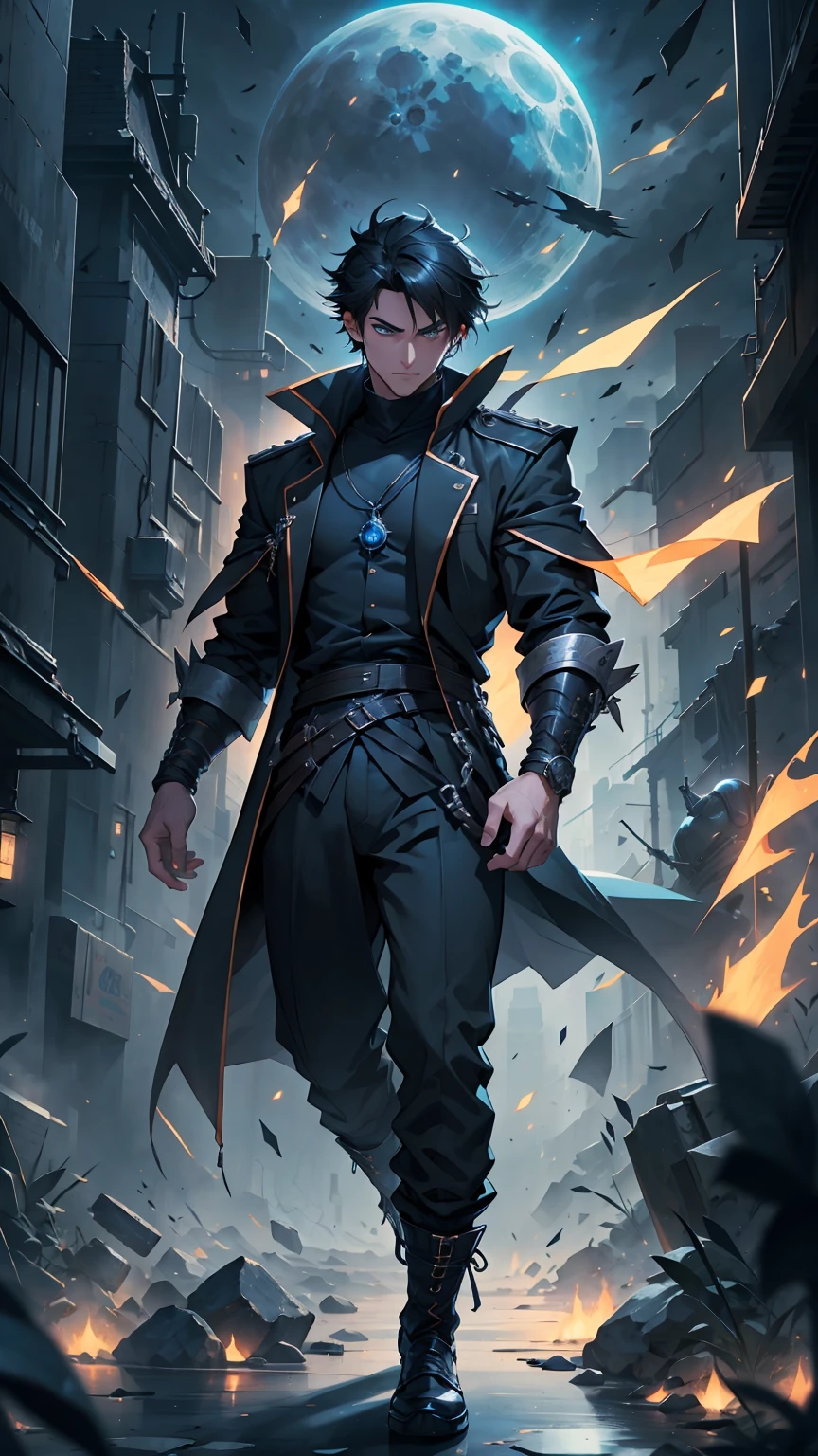 1boy, full body shot, 175 cm, megumi fushiguro, dark blue eyes, black outfit, black hair with long spikes that jut out in every direction around his head, wearing dark blue jacket over a long-sleeved white dress shirt. His uniform pants match his jacket,He wears long black socks, low-top brown shoes, dynamic pose, blue and dark moon city night background, wallpaper, cinematic,High resolution 8K, Bright light illumination, lens flare, sharpness, masterpiece, top-quality, The ultra -The high-definition, high resolution, extremely details CG, Anime style, Film Portrait Photography,masterpiece,hyperdetail, white and black wolf