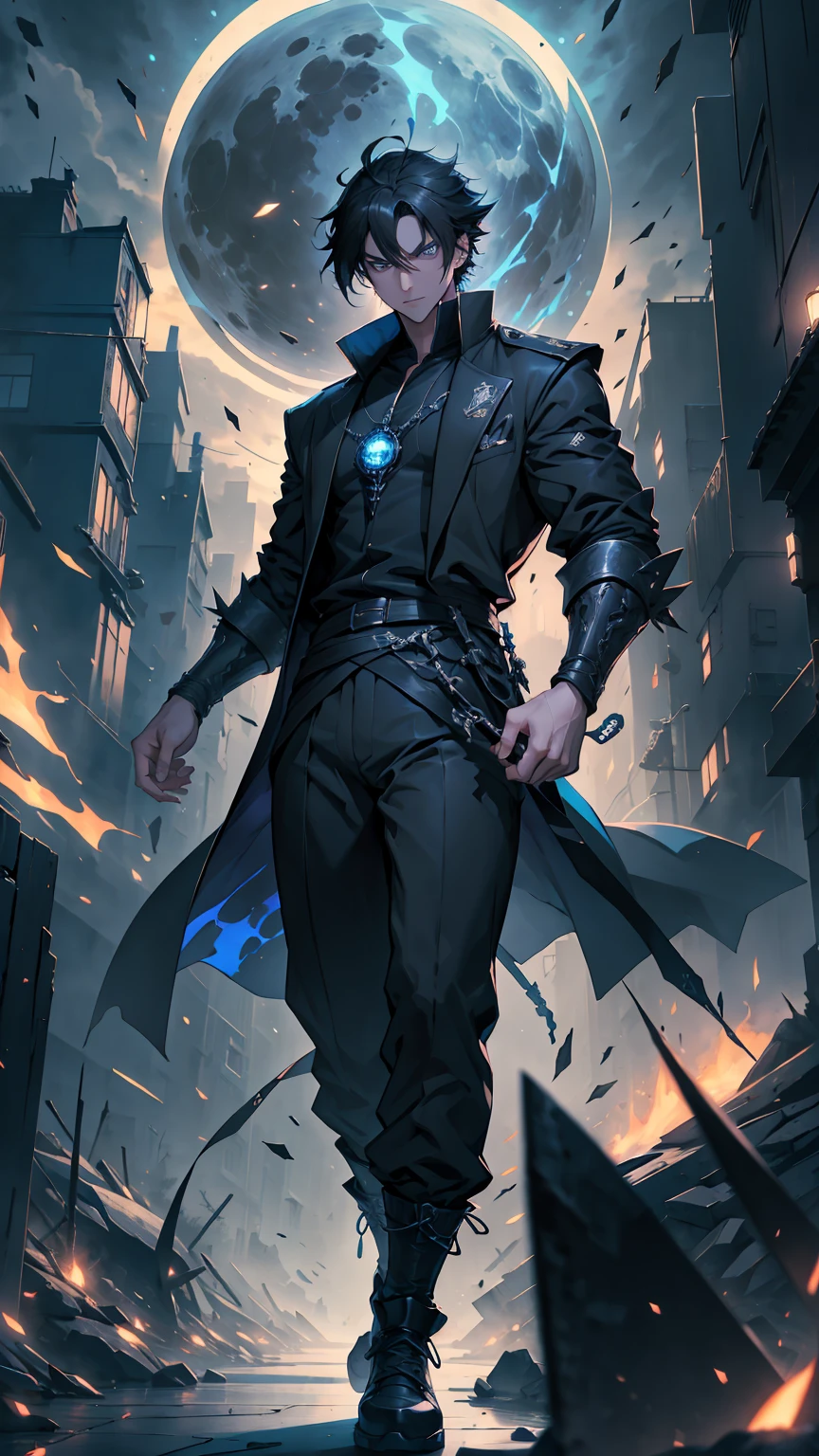 1boy, full body shot, 175 cm, megumi fushiguro, dark blue eyes, black outfit, black hair with long spikes that jut out in every direction around his head, wearing dark blue jacket over a long-sleeved white dress shirt. His uniform pants match his jacket,He wears long black socks, low-top brown shoes, dynamic pose, blue and dark moon city night background, wallpaper, cinematic,High resolution 8K, Bright light illumination, lens flare, sharpness, masterpiece, top-quality, The ultra -The high-definition, high resolution, extremely details CG, Anime style, Film Portrait Photography,masterpiece,hyperdetail, white and black wolf
