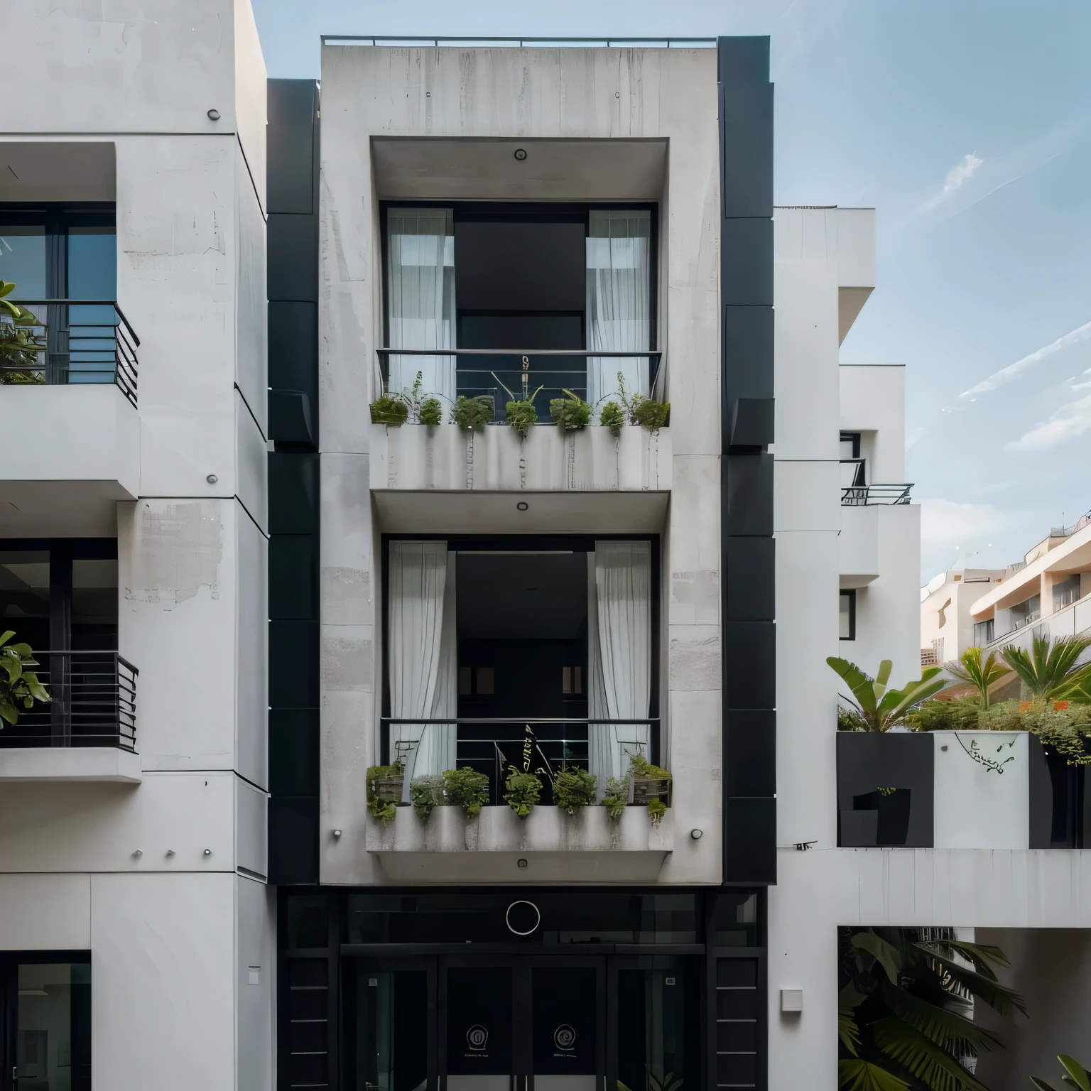 imagem frontal,plano ,ultra realistic and super modern building facade with balcony and many plants with black marble details