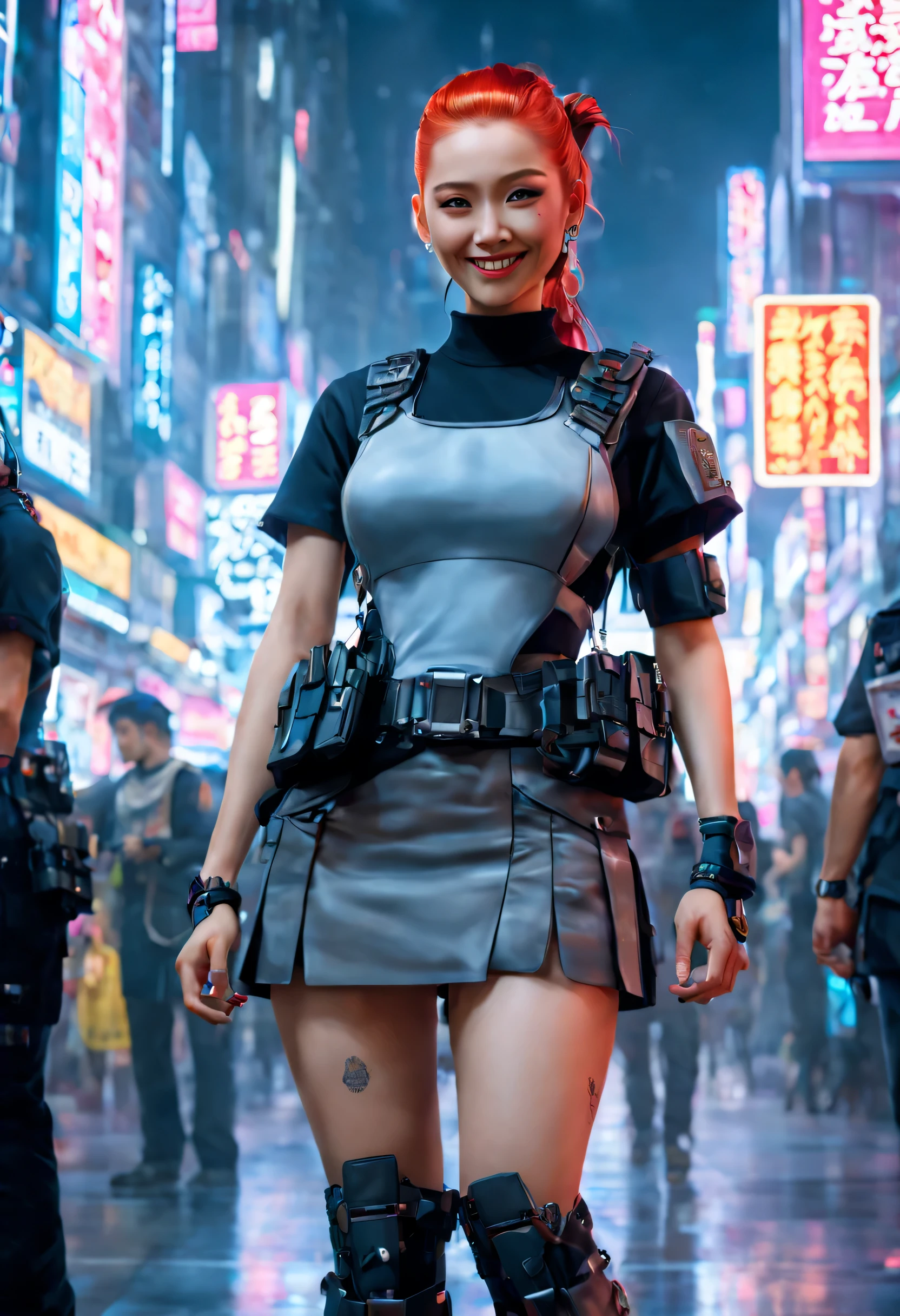 masterpiece, best quality, ((smiling)) cyberpunk girls standing, having grey and grey uniform and black long skirt, Harajuku-inspired cyberpunk body harness, bold colors and patterns, eye-catching accessories, trendy and innovative hairstyle with baroque influence, dazzling Cyberpunk cityscape, skyscrapers, glowing neon signs, LED lights, anime illustration, detailed skin texture, detailed cloth texture, beautiful detailed face, intricate details, ultra detailed, cinematic lighting, strong contrast.