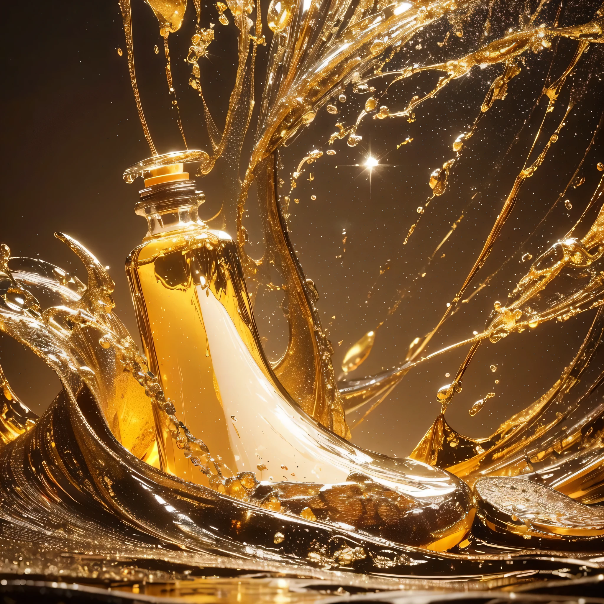 In the heart of a state-of-the-art photography studio, a golden oil bottle lies in wait on a pristinewhite tabletop. The moment the stopper is removed, a cascade of golden liquid spills out, creating a mesmerizing ripple effect on the oil surface. The camera's lens captures every intricate detail of the dynamic scene, from the initial impact of the oil against the glass bottle, to the unending waves of shimmering liquid.
This professional product shot exemplifies the highest standard ofdramatic product photography. The 3D high octane render brings the golden oil to life, making it appear as if it's bursting out of the frame