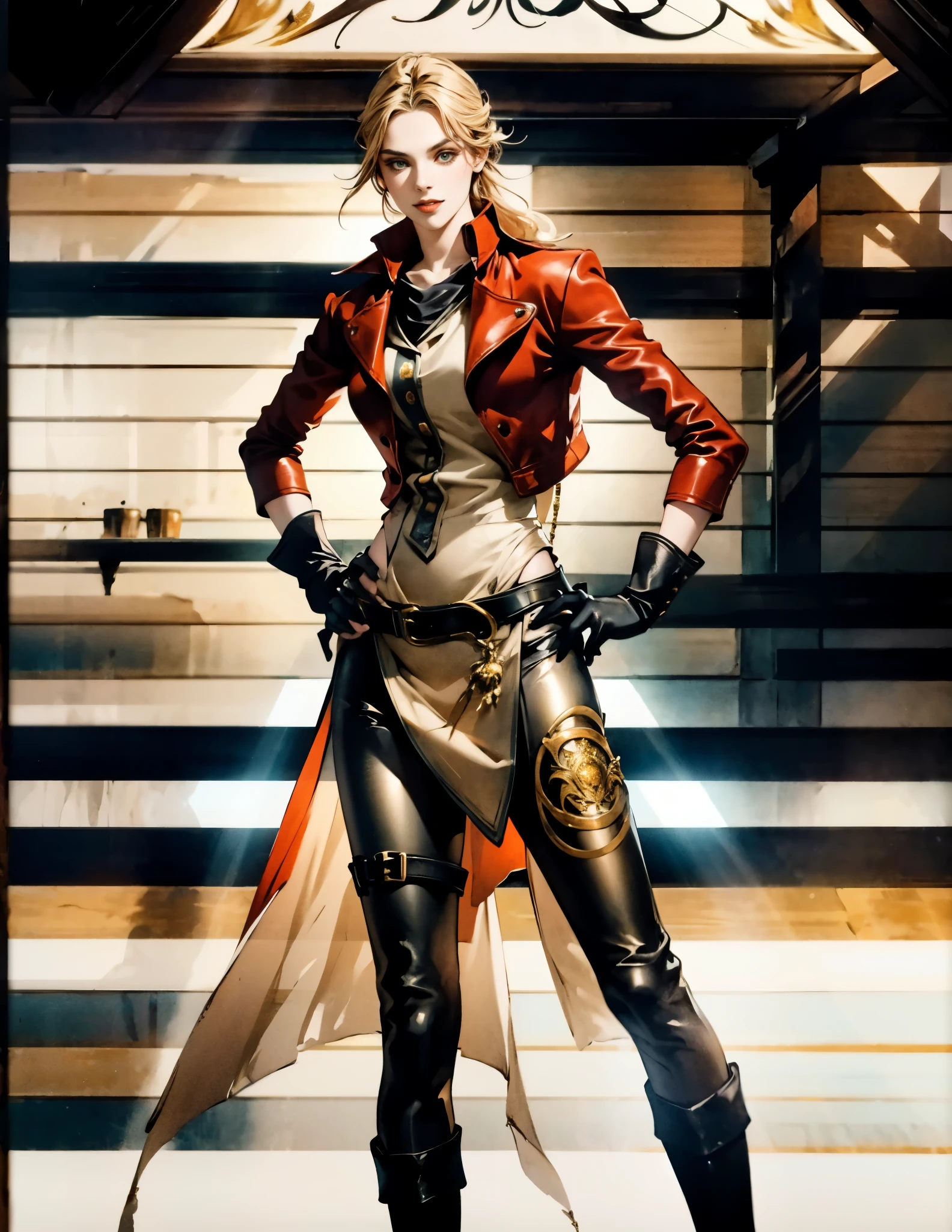 A beautiful woman with flowing orange long hair, exquisite facial features, a playful smile, confident eyes, a tall figure, a two-piece fantasy-style pirate robe coat, yellow as the main color, complemented by red accents, long wrist guard gloves on her hands, a gold belt around her waist with a short hem, leather pants, knee-high boots, standing with her hands on her hips in front of a fantasy medieval-style port tavern, this character embodies a finely crafted fantasy-style female pirate in anime style, exquisite and mature manga art style, high definition, best quality, highres, ultra-detailed, ultra-fine painting, extremely delicate, professional, anatomically correct, symmetrical face, extremely detailed eyes and face, high quality eyes, creativity, RAW photo, UHD, 8k, Natural light, cinematic lighting, masterpiece-anatomy-perfect, masterpiece:1.5