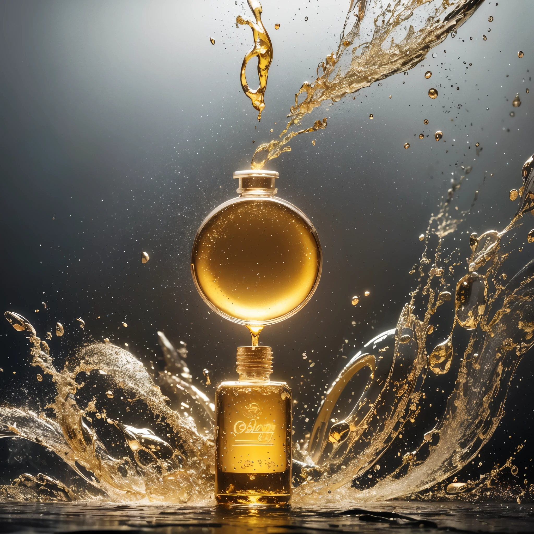 In the heart of a state-of-the-art photography studio, a golden oil bottle lies in wait on a pristinewhite tabletop. The moment the stopper is removed, a cascade of golden liquid spills out, creating a mesmerizing ripple effect on the oil surface. The camera's lens captures every intricate detail of the dynamic scene, from the initial impact of the oil against the glass bottle, to the unending waves of shimmering liquid.

This professional product shot exemplifies the highest standard ofdramatic product photography. The 3D high octane render brings the golden oil to life, making it appear as if it's bursting out of the frame