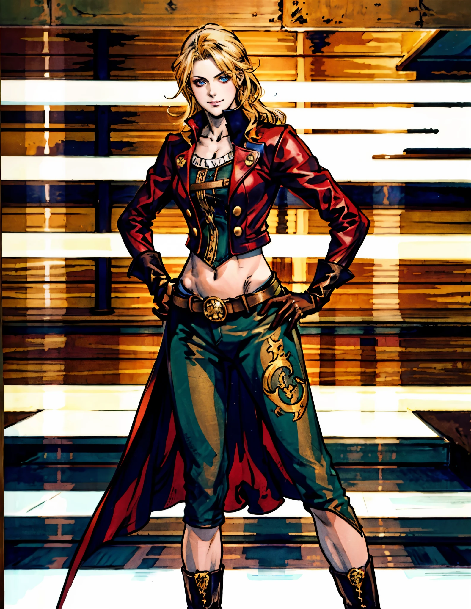 A beautiful woman with flowing orange long hair, exquisite facial features, a playful smile, confident eyes, a tall figure, a two-piece fantasy-style pirate robe coat, yellow as the main color, complemented by red accents, long wrist guard gloves on her hands, a gold belt around her waist with a short hem, leather pants, knee-high boots, standing with her hands on her hips in front of a fantasy medieval-style port tavern, this character embodies a finely crafted fantasy-style female pirate in anime style, exquisite and mature manga art style, high definition, best quality, highres, ultra-detailed, ultra-fine painting, extremely delicate, professional, anatomically correct, symmetrical face, extremely detailed eyes and face, high quality eyes, creativity, RAW photo, UHD, 8k, Natural light, cinematic lighting, masterpiece-anatomy-perfect, masterpiece:1.5