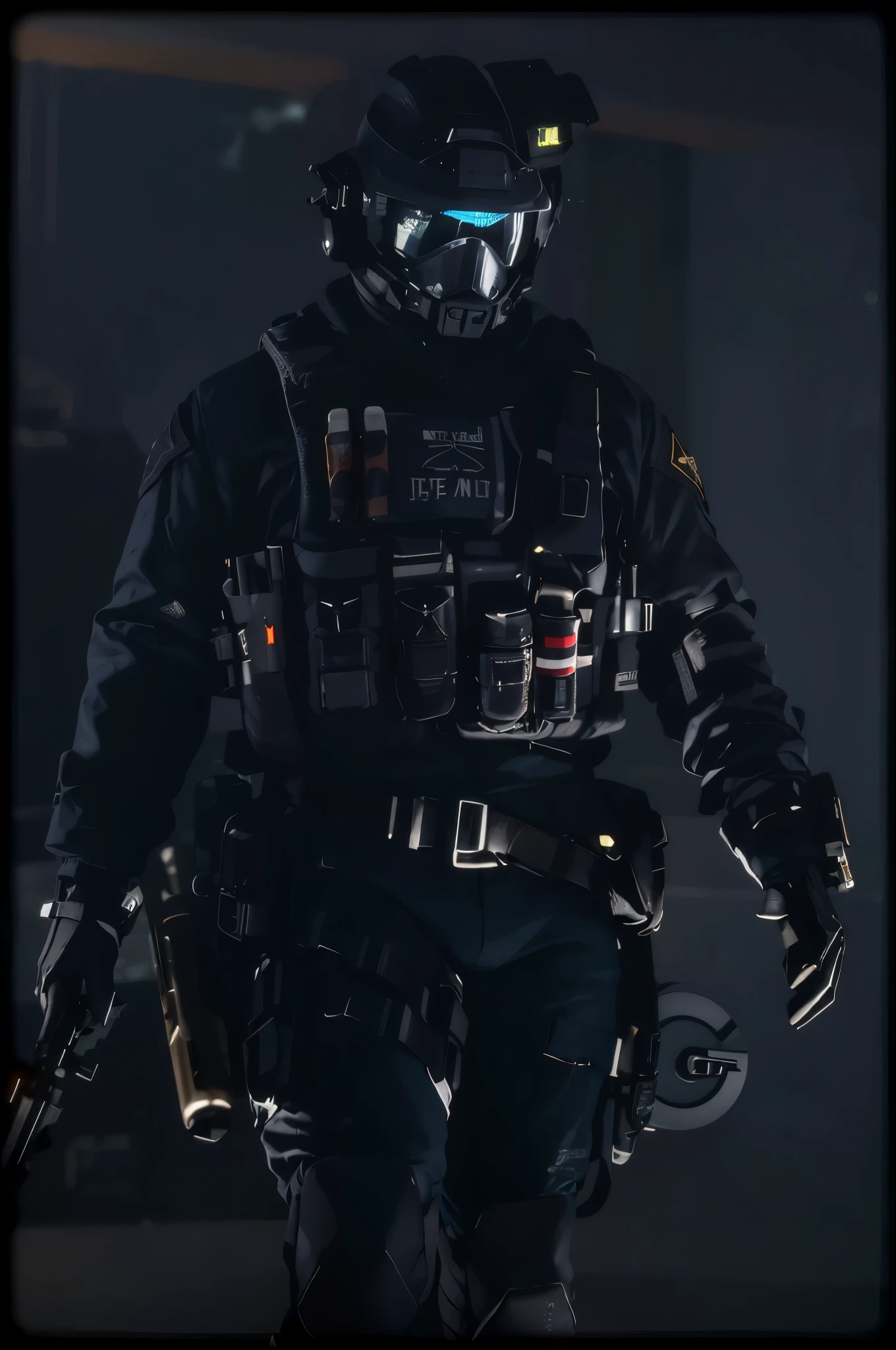 there is a man in a black suit and helmet walking, Arte conceitual como Ernest Khalimov, soldado ciberpunk, arte conceitual especializada em alto detalhe, CONCEITO ART-H 640, Irreal 5. Retrato de RPG, Roupa: policial, Helghast, roupa do futuro soldado, artista cg, in a dark space mercenary Roupa, in game capture 3d render