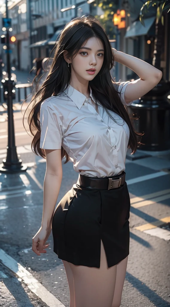 ผู้หญิงญี่ปุ่นที่charming, charming, charmingน่าหลงใหล, black hair, I'm scanning in the middle........., long hair long hairมาก......, long hairตรง, long hair, The wind is blowing..... Bird's eye view of a beautiful woman.., The texture is realistic., elegant, big , dynamic gesture, big , White short-sleeved shirt The shirt is thin and the skin is visible........, The chest is clearly visible......... You will see the breasts.... You will see a pile of milk.... black cylindrical skirt black cylindrical skirt, Black leather skirt with women's belt, Symmetrical shape, sexy figure, The heel is completely black., earring, Put on a watch......full body photo, Look at every part of the body...., university backdrop