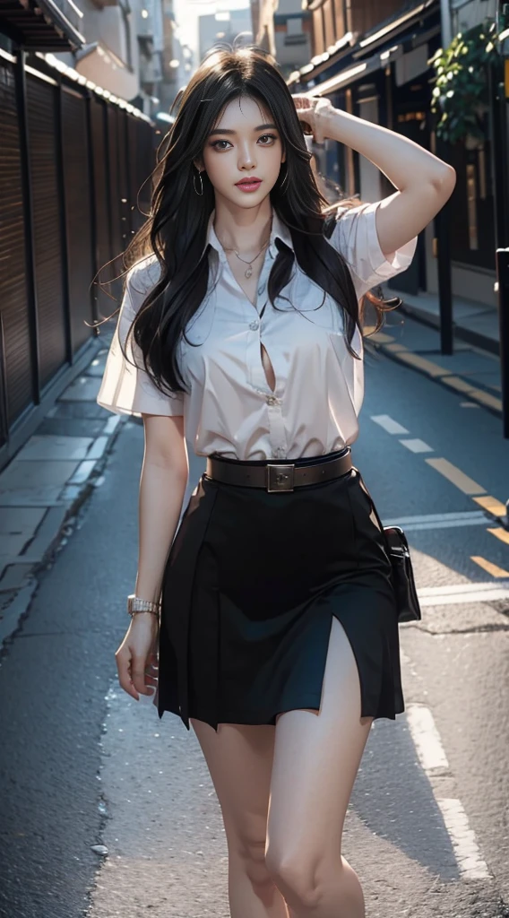 highest resolution, 8K, high definition, ( สาวlong hairมาก, long hair, straight hair, black hair), นักศึกษาthailand, (half-caste, thailand, Japan, Korea, Height 173 centimeters), ((stand, walk)), (Beautiful face, แต่งBeautiful face, Double eyelids, red lips), (Beautiful Woman, The texture is realistic.), (white short sleeve shirt thin shirt, collar shirt, With metal buttons), (black pleated skirt, กระโปรงพร้อมbeltผู้หญิง, tight), (Huge breasts, Breast augmentation, big breast, Big tits, plump tits, Fluffy milk, Huge breasts), (Symmetrical shape, sexy figure, small waist, Long legs, Beautiful thighs), (Pitch black high heels, earring, Put on a watch, belt), (full body, Look at every part of the body.), (university backdrop, building, building, lawn, outdoor sports field)