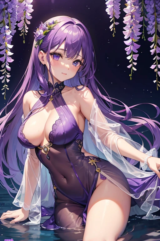 {{{{masterpiece}}}}, {{{super detailed}}}, {{{High resolution}}}, {{excellent anatomy}}, (((highest quality))), ((very delicate and beautiful)), {{very detailed and delicate}}, {8k cg wallpaper},((detailed background))One female、best style、beautiful woman、The most beautiful woman in the world、Purple flowers are blooming on the purple lake surface, soft purple glow, Purple light, (purple wisteria forest), wisteria season, art, shining purple, Purple petals are dancing everywhere、 The blossoming path to heaven, purple glow、Purple water、purple reflective water surface、purple light、(Sexy sheer dress:1.5),((big breasts))、show through、waterside and wisteria、Detailed design、beautiful design、sexy pose、Sheer skin、shape of nipple