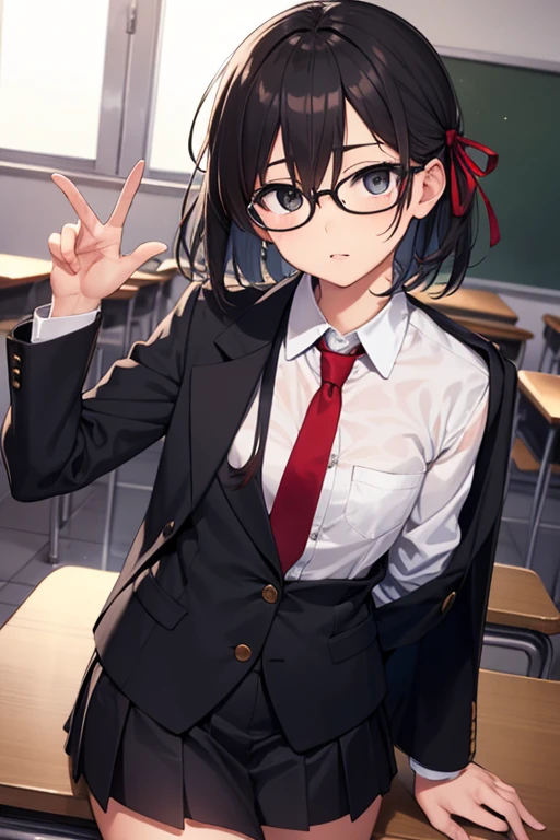 shinoasada, shino asada, (black eyes:1.5), black hair, hair between eyes, hair ribbon, short hair, sidelocks, glasses, (small breast:1.2),
BREAK blazer, black jacket, black skirt, jacket, necktie, pleated skirt, red necktie, ribbon, , skirt, tress ribbon,
BREAK looking at viewer,
BREAK indoors, classroom,
BREAK (masterpiece:1.2), best quality, high resolution, unity 8k wallpaper, (illustration:0.8), (beautiful detailed eyes:1.6), extremely detailed face, perfect lighting, extremely detailed CG, (perfect hands, perfect anatomy),