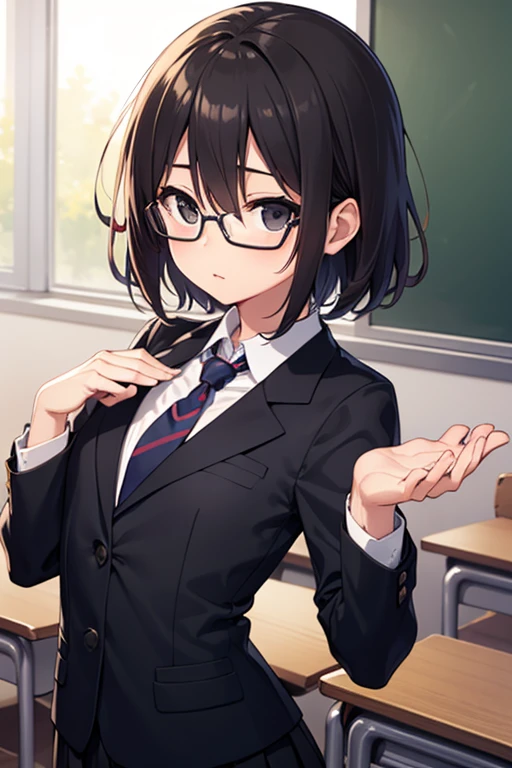 shinoasada, shino asada, (black eyes:1.5), black hair, hair between eyes, hair ribbon, short hair, sidelocks, glasses, (small breast:1.2),
BREAK blazer, black jacket, black skirt, jacket, necktie, pleated skirt, red necktie, ribbon, , skirt, tress ribbon,
BREAK looking at viewer,
BREAK indoors, classroom,
BREAK (masterpiece:1.2), best quality, high resolution, unity 8k wallpaper, (illustration:0.8), (beautiful detailed eyes:1.6), extremely detailed face, perfect lighting, extremely detailed CG, (perfect hands, perfect anatomy),