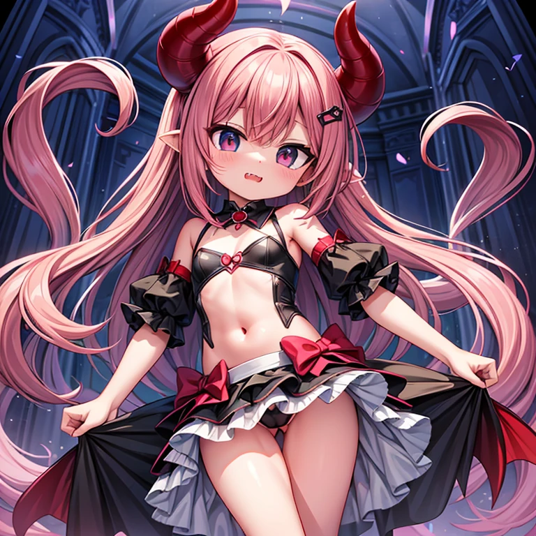 high resolution,child devil girl,devil's tail,double teeth,flat chest,show your breasts,lift up skirt,Pussy