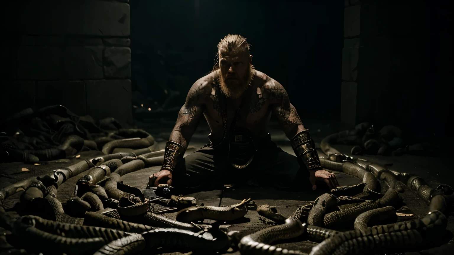 In the depths of the pit, King Ragnar Lothbrok fights for his life against a swarm of poisonous snakes. His once regal attire is now in tatters, a symbol of his fierce battle. The snakes coil and strike, their venomous fangs glinting in the dim light.
