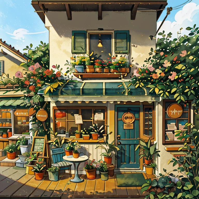 JZCG021,flower store,coffee spot,table,Chair,no one,windows,flowers,plant,potted plant,watercolor (Moderate),landscape,doors,air conditioning,painting (Moderate),traditional media,Home,outdoors,balcony,architecture,masterpiece,最high quality,high quality,plant,, masterpiece,最high quality,high quality,