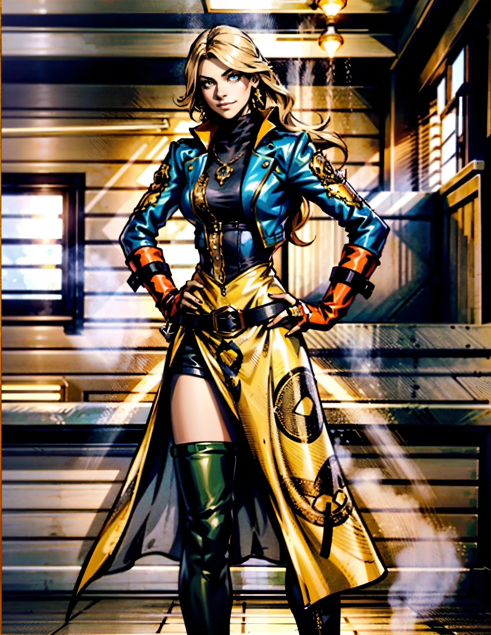 A beautiful woman with flowing orange long hair, exquisite facial features, a playful smile, confident eyes, a tall figure, a two-piece fantasy-style pirate robe coat, yellow as the main color, complemented by red accents, long wrist guard gloves on her hands, a gold belt around her waist with a short hem, leather pants, knee-high boots, standing with her hands on her hips in front of a fantasy medieval-style port tavern, this character embodies a finely crafted fantasy-style female pirate in anime style, exquisite and mature manga art style, high definition, best quality, highres, ultra-detailed, ultra-fine painting, extremely delicate, professional, anatomically correct, symmetrical face, extremely detailed eyes and face, high quality eyes, creativity, RAW photo, UHD, 8k, Natural light, cinematic lighting, masterpiece-anatomy-perfect, masterpiece:1.5