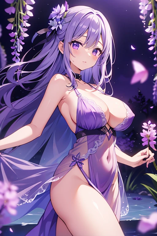 {{{{masterpiece}}}}, {{{super detailed}}}, {{{High resolution}}}, {{excellent anatomy}}, (((highest quality))), ((very delicate and beautiful)), {{very detailed and delicate}}, {8k cg wallpaper},((detailed background))One female、best style、beautiful woman、The most beautiful woman in the world、Purple flowers are blooming on the purple lake surface, soft purple glow, Purple light, (purple wisteria forest), wisteria season, art, shining purple, Purple petals are dancing everywhere、 The blossoming path to heaven, purple glow、Purple water、purple reflective water surface、purple light、(Sexy sheer dress:1.5),((big breasts))、show through、waterside and wisteria、Detailed design、beautiful design、sexy pose、Sheer skin、shape of nipple