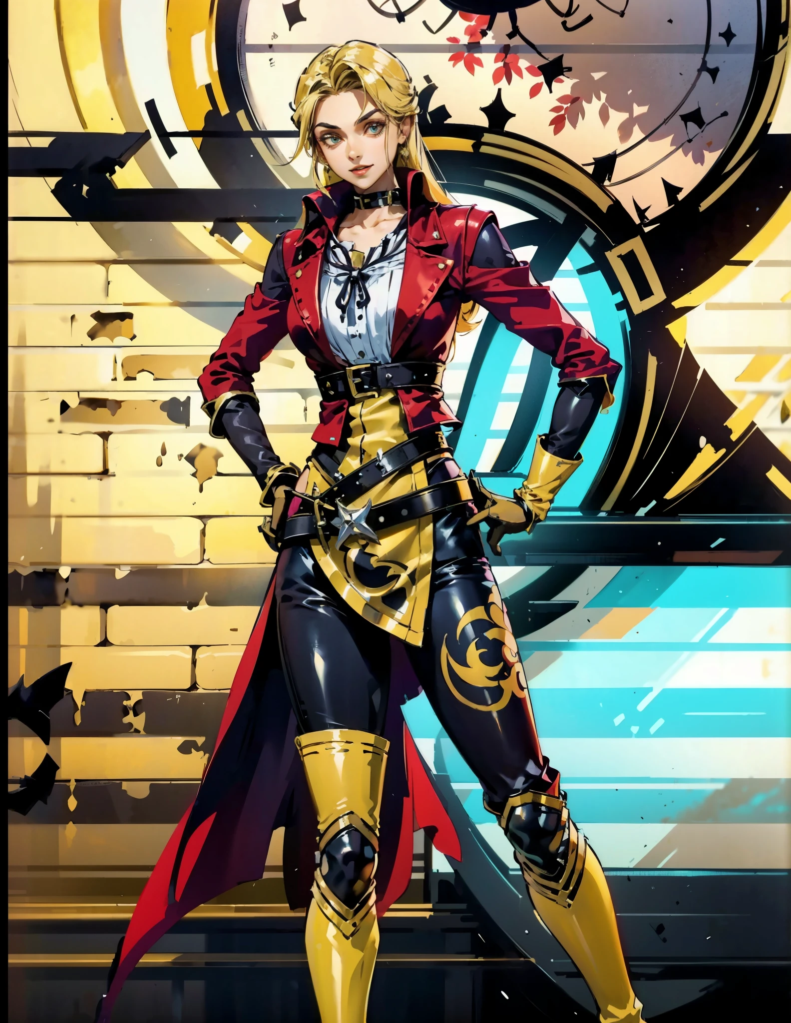 A beautiful woman with flowing orange long hair, exquisite facial features, a playful smile, confident eyes, a tall figure, a two-piece fantasy-style pirate robe coat, yellow as the main color, complemented by red accents, long wrist guard gloves on her hands, a gold belt around her waist with a short hem, leather pants, knee-high boots, standing with her hands on her hips in front of a fantasy medieval-style port tavern, this character embodies a finely crafted fantasy-style female pirate in anime style, exquisite and mature manga art style, high definition, best quality, highres, ultra-detailed, ultra-fine painting, extremely delicate, professional, anatomically correct, symmetrical face, extremely detailed eyes and face, high quality eyes, creativity, RAW photo, UHD, 8k, Natural light, cinematic lighting, masterpiece-anatomy-perfect, masterpiece:1.5
