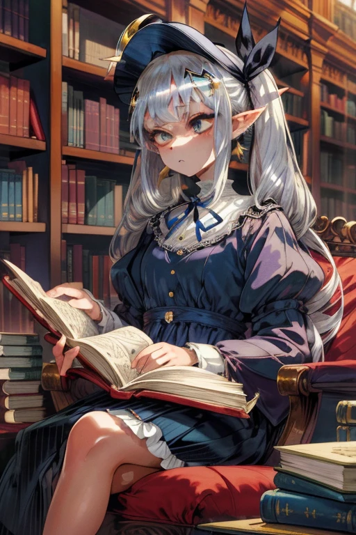 masterpiece,best quality,1girl,frieren,(silver hair),long hair,pointy ears,(twintails),parted bangs,elf,jewelry,earrings,(mob cap, crescent hat ornament, ribbon, blue ribbon, hair ribbon),expressionless,sitting,reading,books,library,