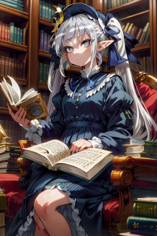 masterpiece,best quality,1girl,frieren,(silver hair),long hair,pointy ears,(twintails),parted bangs,elf,jewelry,earrings,(mob cap, crescent hat ornament, ribbon, blue ribbon, hair ribbon),expressionless,sitting,reading,books,library,