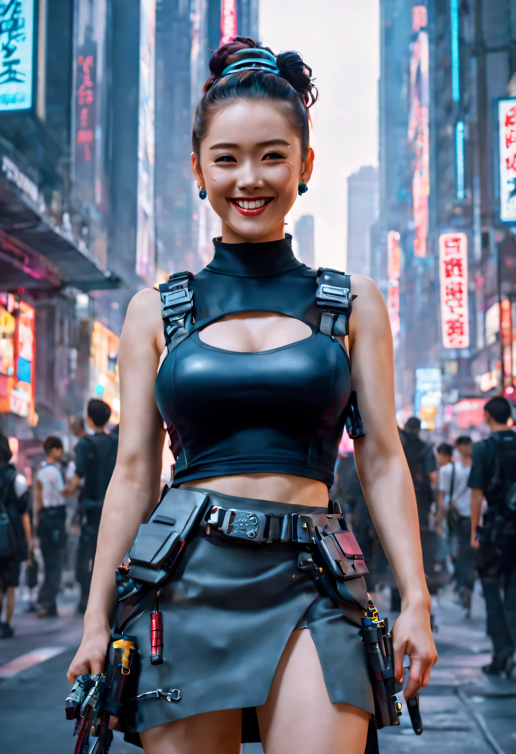 masterpiece, best quality, ((smiling)) cyberpunk girls standing, having grey and grey uniform and black long skirt, Harajuku-inspired cyberpunk body harness, bold colors and patterns, eye-catching accessories, trendy and innovative hairstyle with baroque influence, dazzling Cyberpunk cityscape, skyscrapers, glowing neon signs, LED lights, anime illustration, detailed skin texture, detailed cloth texture, beautiful detailed face, intricate details, ultra detailed, cinematic lighting, strong contrast.