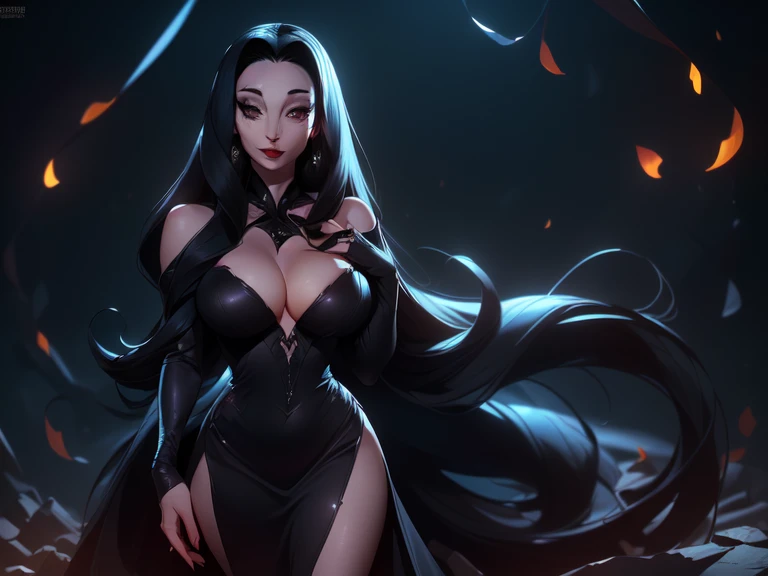 (((morticia adams))) ((the adams family))((hd)) (((enormes tetas)))((8k)))((morticia)))((tiene vestido)) ((cuerpo completo))((hot))(((Amazing tits)))caliente, hermosa,((Hornie)), 8k, hiperrealista todo como un motor irreal trazado de rayos render ((estilo humano hiperealista)),(((Empty dark background))).