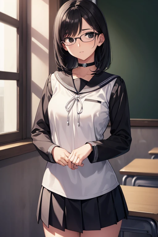 chinatsu, chinatsu, black hair, glasses, mole, (black eyes:1.5), mole under mouth, rimless eyewear, medium hair,
BREAK long sleeves, , serafuku, choker, black choker, skirt, pleated skirt,
BREAK indoors, classroom,
BREAK looking at viewer, (cowboy shot:1.5),
BREAK (masterpiece:1.2), best quality, high resolution, unity 8k wallpaper, (illustration:0.8), (beautiful detailed eyes:1.6), extremely detailed face, perfect lighting, extremely detailed CG, (perfect hands, perfect anatomy),